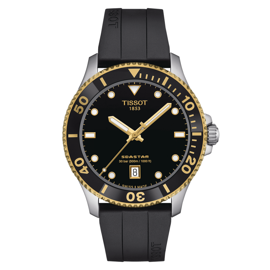 40mm Seastar 1000 Quartz Watch with Black Dial in Stainless Steel and 18K Yellow Gold PVD, Strap