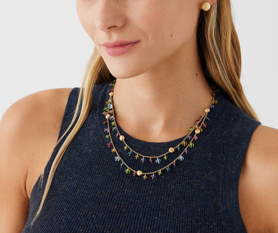 Africa Gemstone Mixed Stone Double Strand Necklace in 18K Yellow Gold