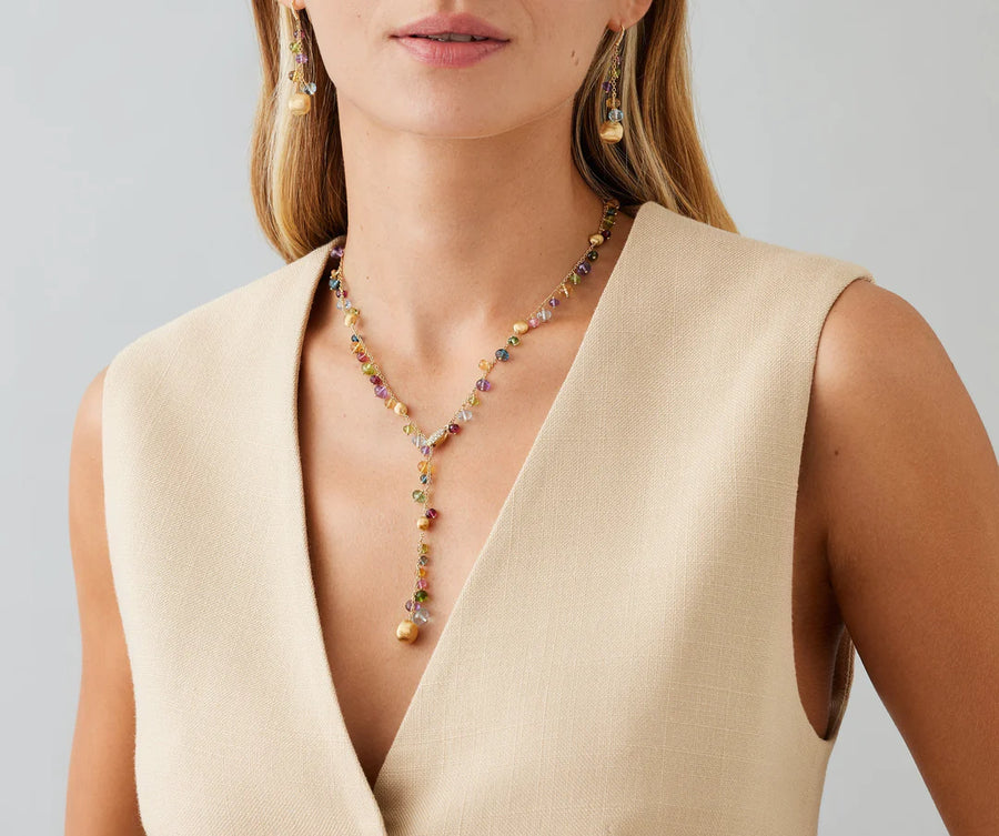 Africa 0.10ct Diamond Mixed Gemstone Lariat Necklace in 18K Yellow Gold