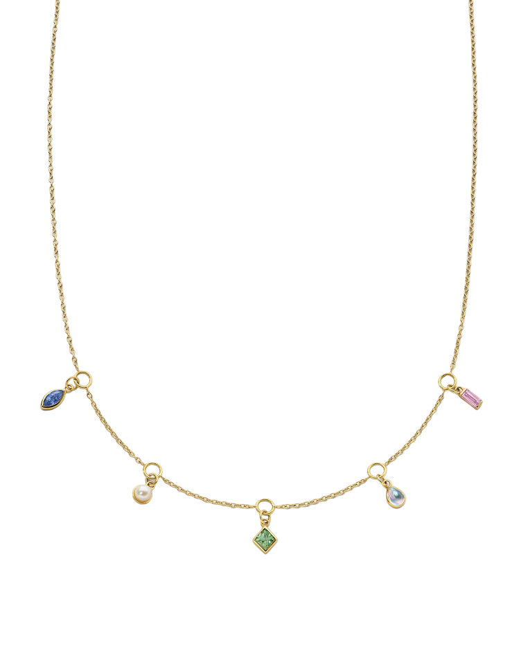 Points of Light Blue Sapphire, Pearl, Tourmaline and Moonstone Station Necklace in 18K Yellow Gold, 16"