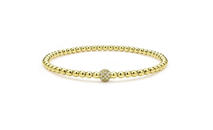 Caviar Gold Diamond Pave Ball Stretch Bracelet in 18K Yellow Gold, Size 7