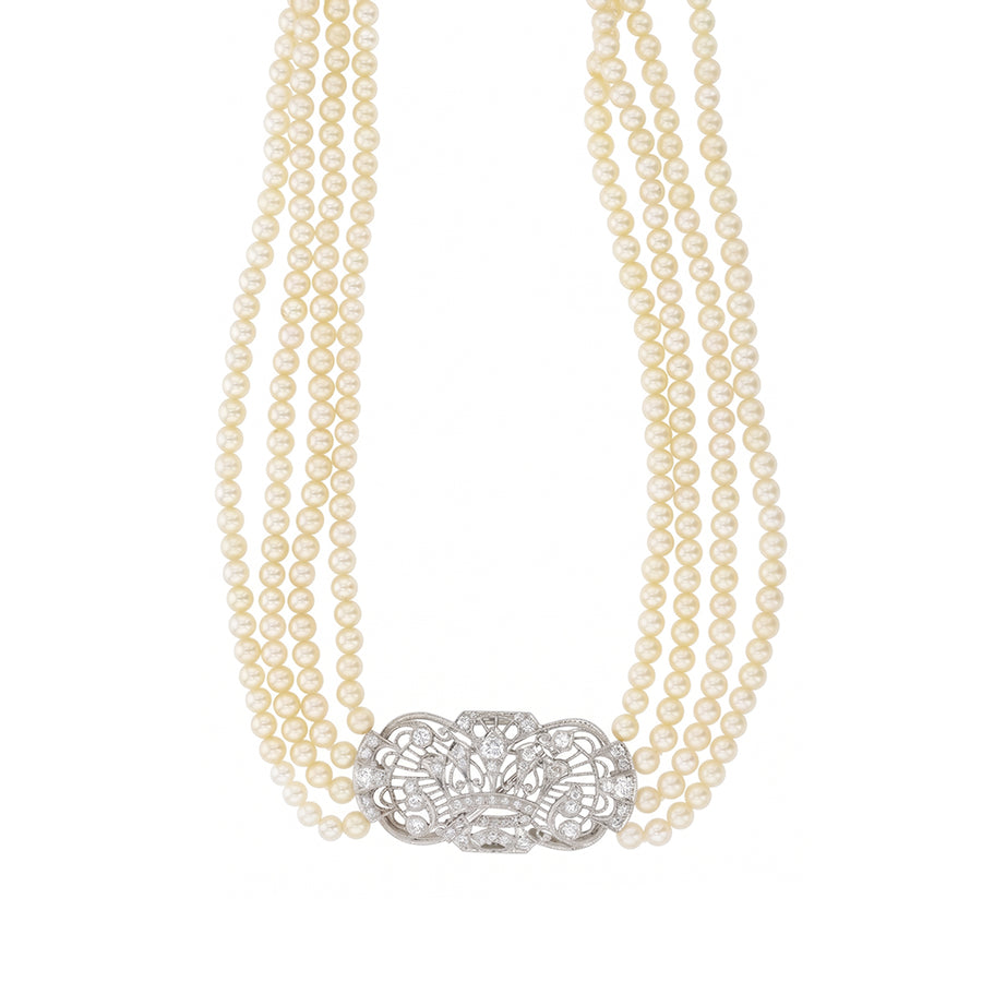 Art Deco 3.5-4mm Pearl and 0.30ct Diamond 4 Strand Necklace in 14K White Gold, 16"