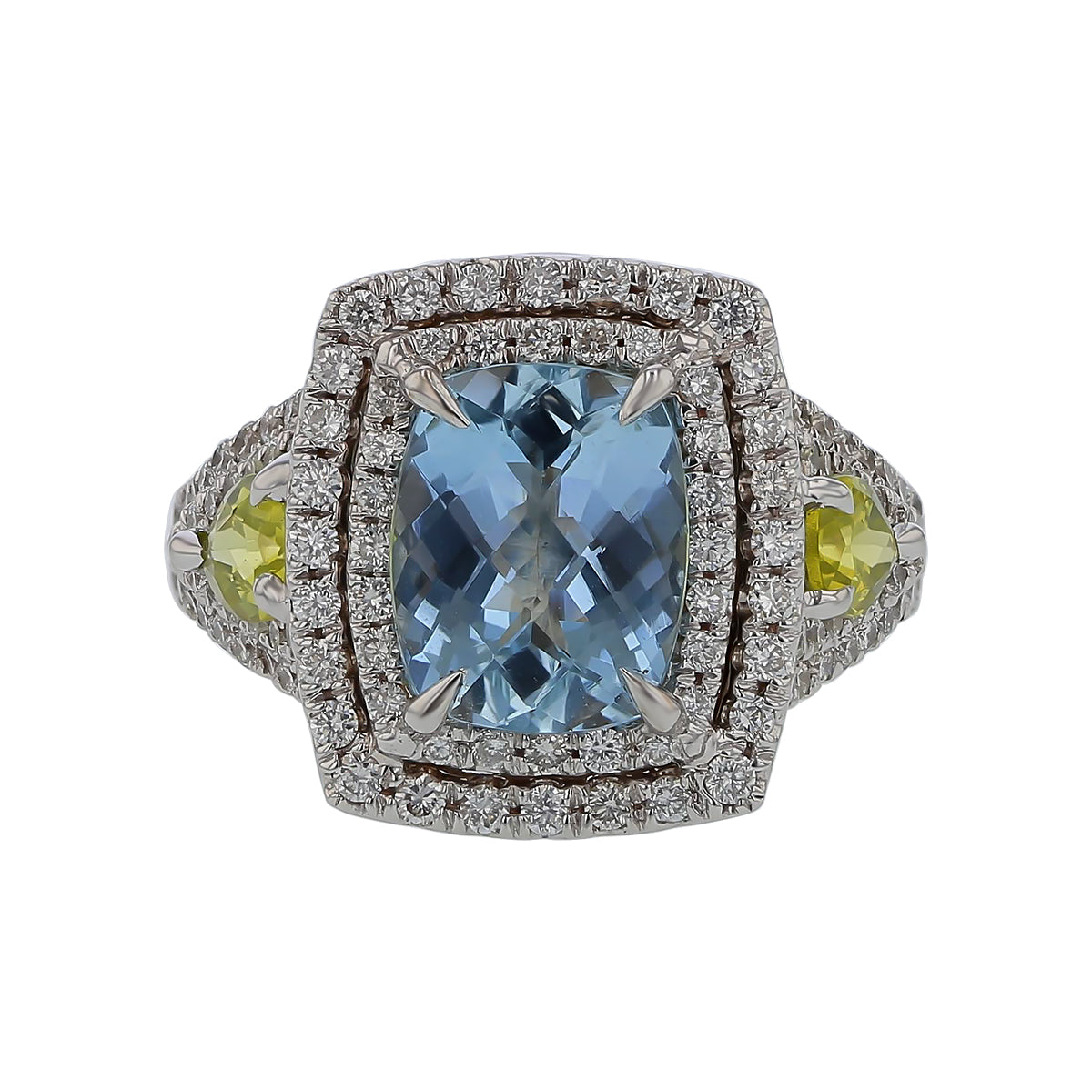 Cushion Aquamarine, Pear Peridot and Diamond Ring in 18K White Gold