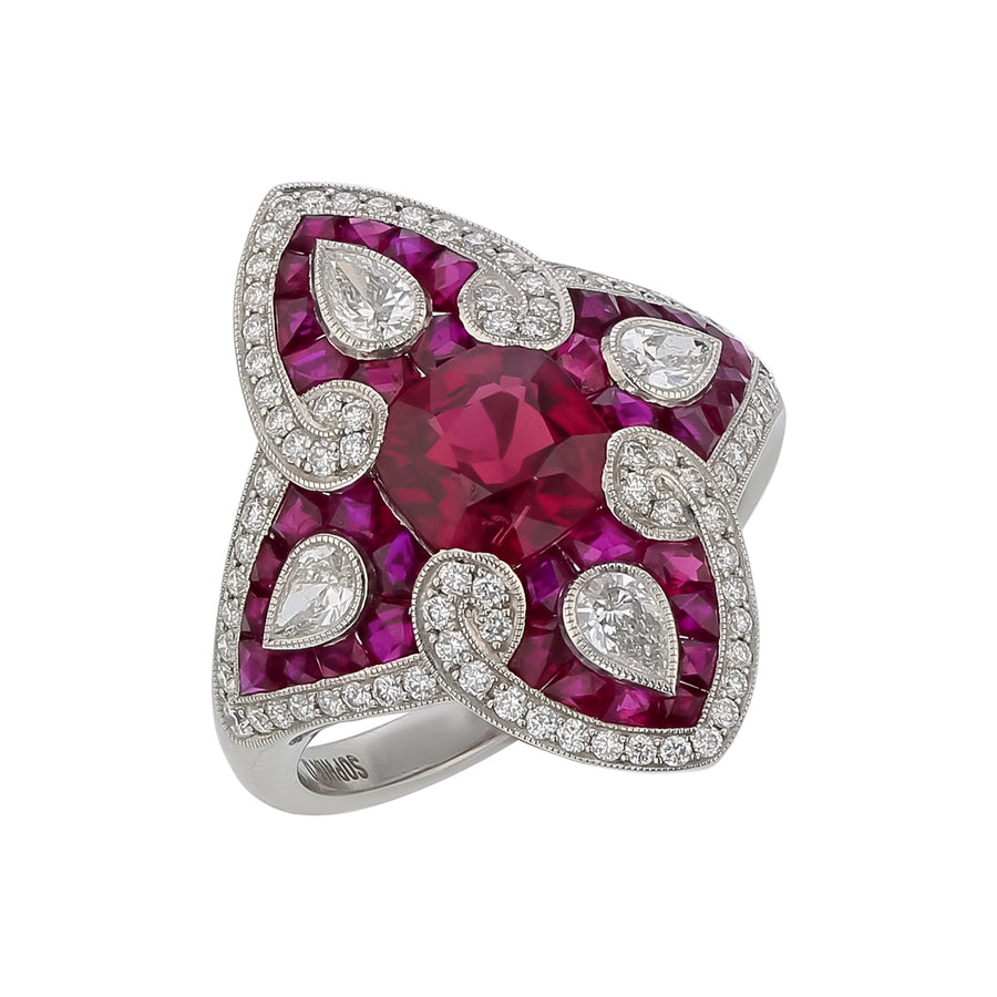 1.68ct Cushion Ruby, 1.40ct Ruby and 0.72ct Diamond Ring in Platinum, Size 6.25