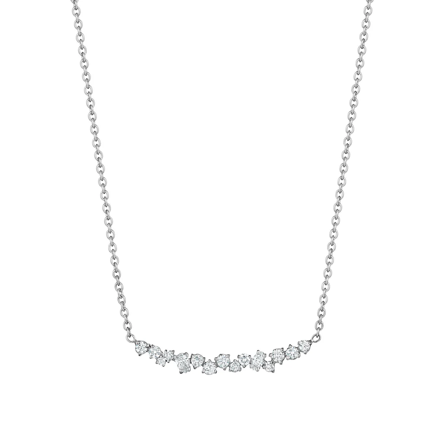 Diamond Cluster Curved Bar Necklace in 18K White Gold, 18in