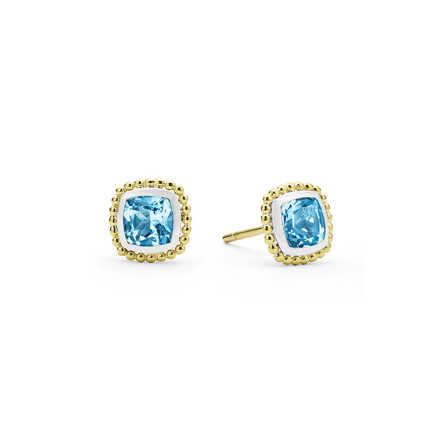Rittenhouse Blue Topaz Stud Earrings in 18K Yellow Gold and Sterling Silver