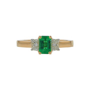 0.70ct Emerald Cut Zambian Emerald and 0.33ct Diamond 3 Stone Ring in 18K Yellow Gold, Size 6.25