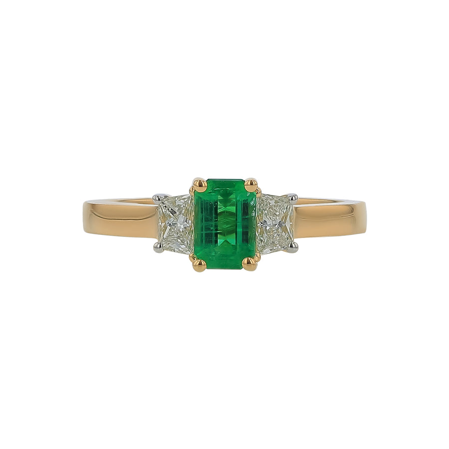 0.70ct Emerald Cut Zambian Emerald and 0.33ct Diamond 3 Stone Ring in 18K Yellow Gold, Size 6.25