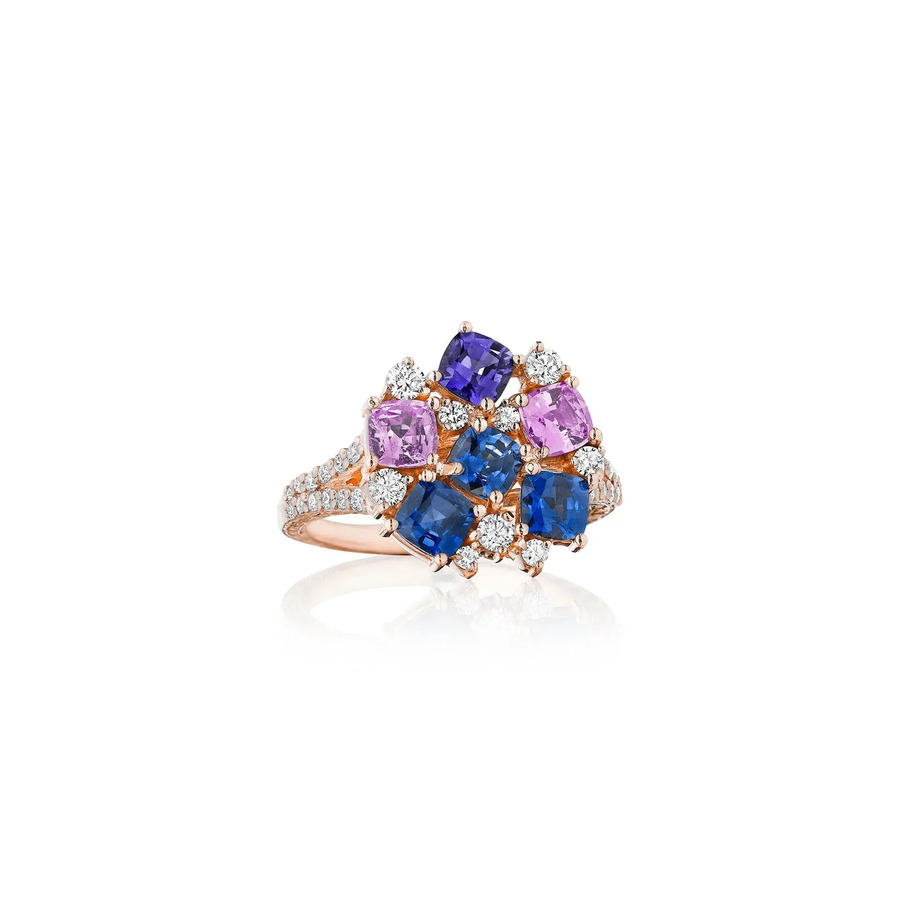 Confetti 2.52ct Cushion Cut Rainbow Sapphire and 0.48ct Diamond Cocktail Ring in 18K Rose Gold