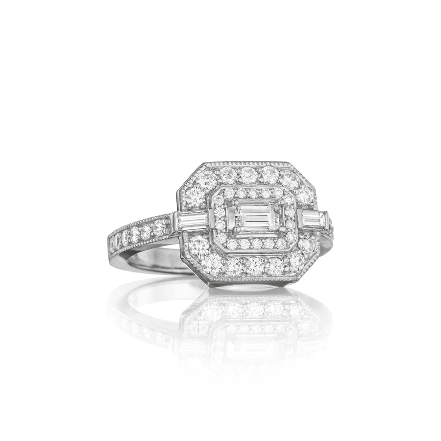 1.01ct Emerald Round and Straight Baguette Diamond Double Halo Ring in 18K White Gold, size 6.5