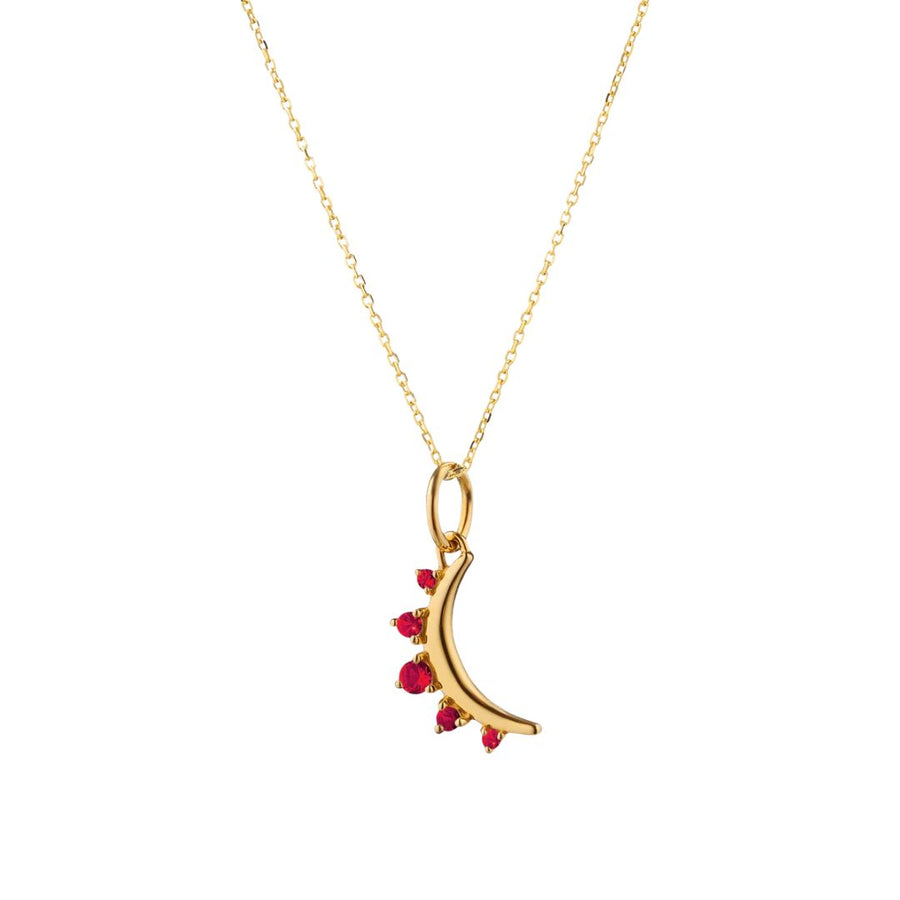 Birthstone 0.19ct Ruby July Mini Moon Pendant in 18K Yellow Gold, 16-17" chain