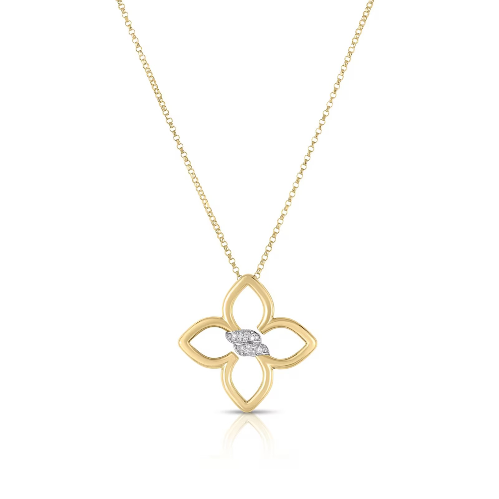 Cialoma Diamond Small Flower Necklace in 18K Yellow and White Gold, 24 in