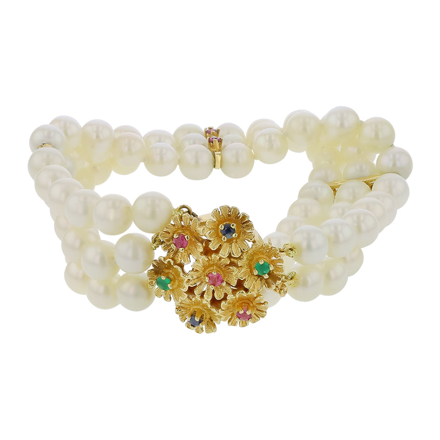 Emerald, Ruby, Sapphire and 6x6.5mm Cultured Pearl Bracelet in 14K Yellow Gold
