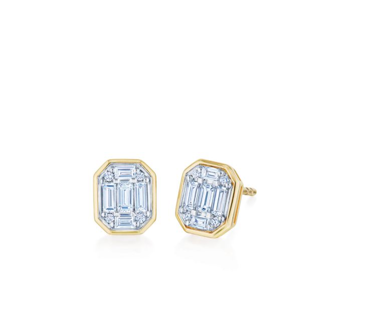 Sunburst 0.44ct Round and Straight Baguette Diamond Stud Earrings in 18K Yellow and White Gold