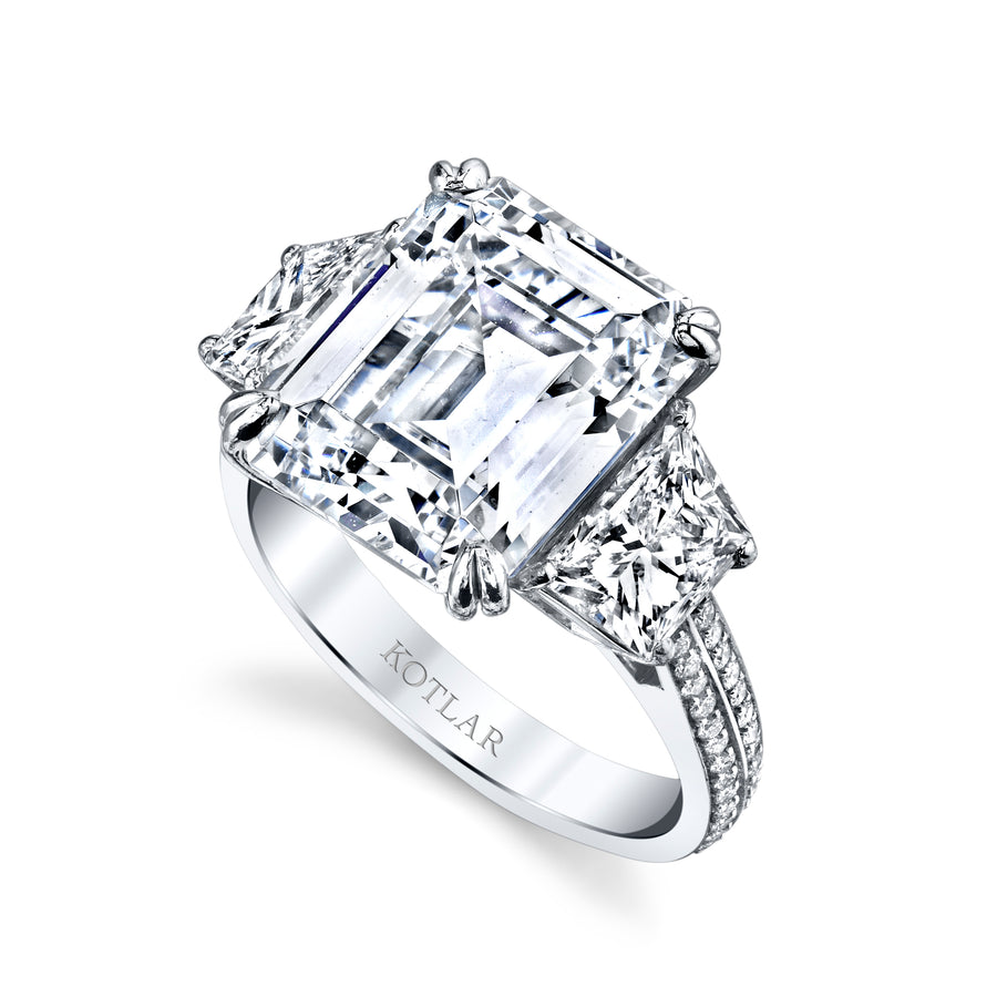 Harmonie 8.03ct Radiant Cut Diamond, 1.85ct Trapezoid Diamond and 0.27ct Diamond 2 Row 3 Stone Ring in Platinum