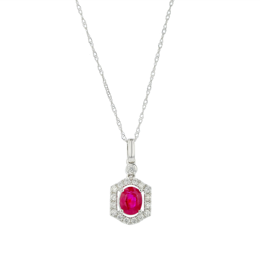 0.93ct Oval Ruby and 0.20ct Diamond Halo Pendant in 14K White Gold, 18" chain