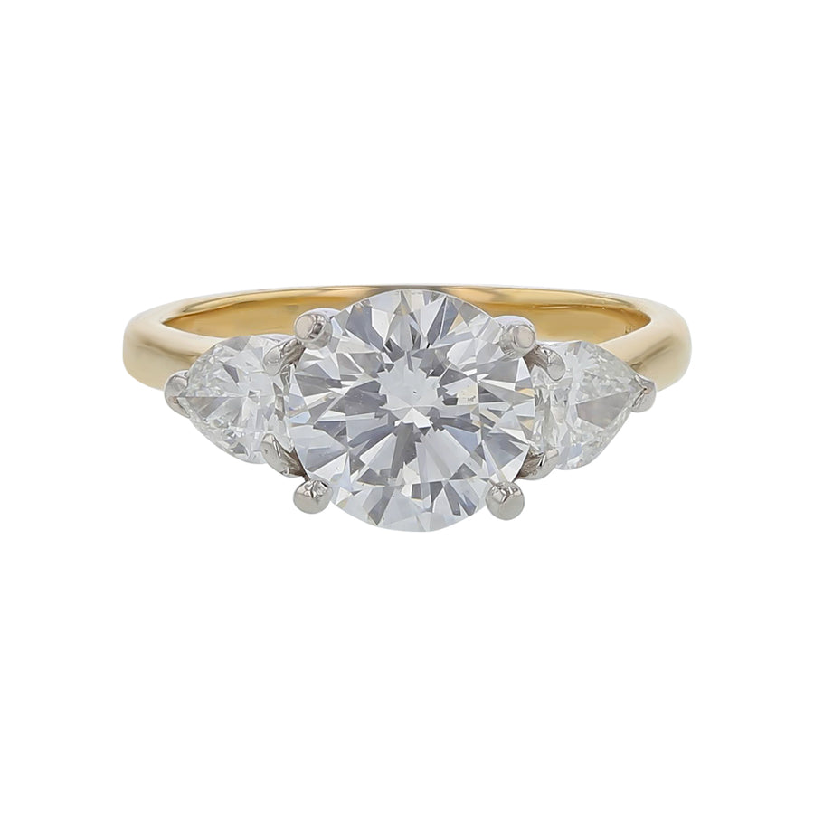 2.04ct Center Round Brilliant Diamond 0.77ct Pear Shaped Diamond 3 Stone Ring in 18K Yellow Gold and Platinum, size 6.5