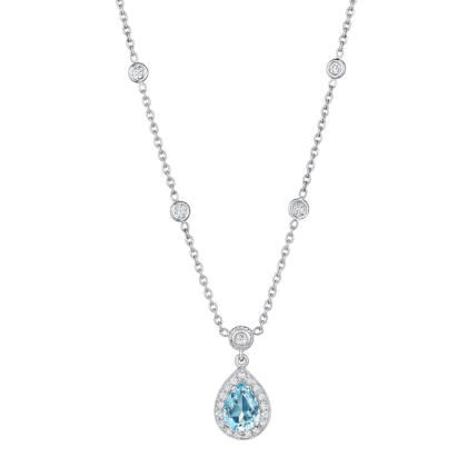 1.00ct Aquamarine and 0.40ct Diamond Halo Necklace in 18K White Gold, 18"
