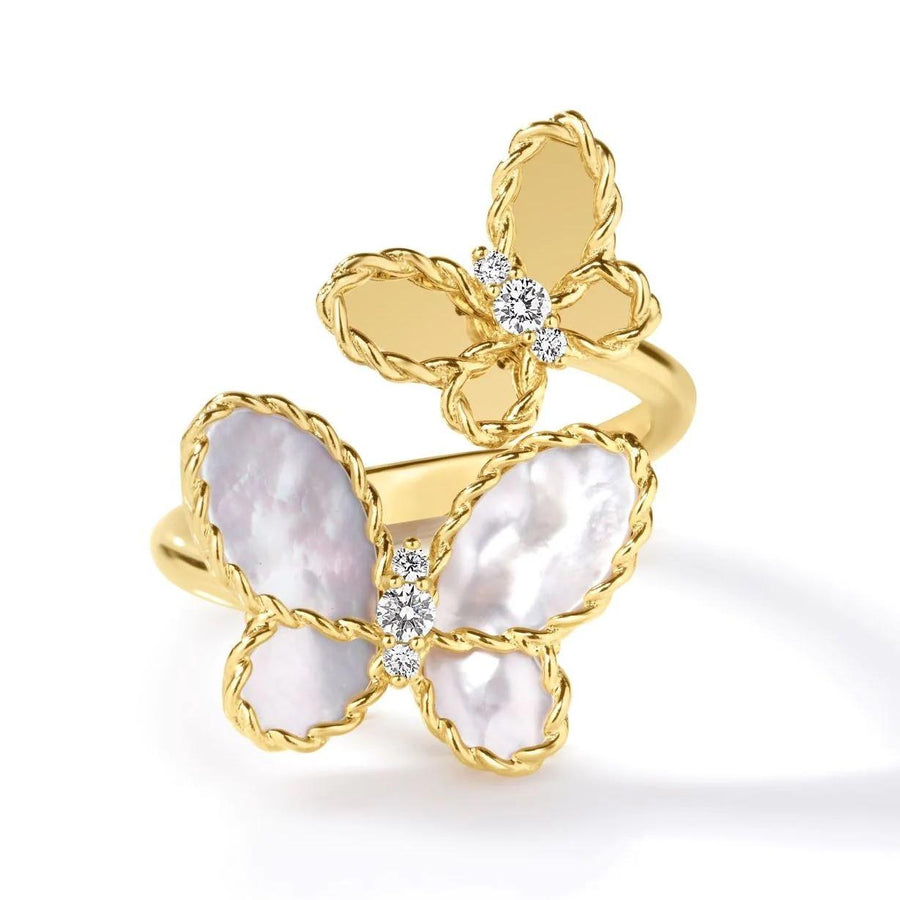 Jasmine 0.06ct Diamond and Mother of Pearl Butterfly Bypass Ring in 18K Yellow Gold, size 6.5