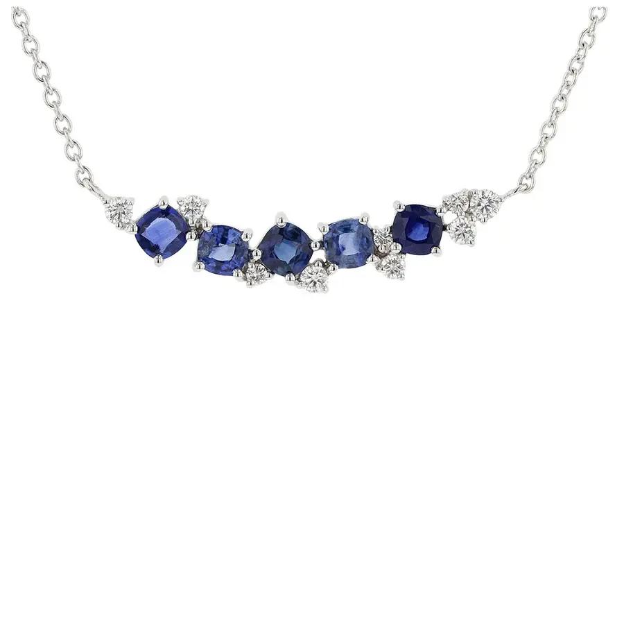 Watercolor 2.10ct Blue Sapphire and 0.29ct Diamond Cluster Bar Necklace in 18K White Gold, 18"