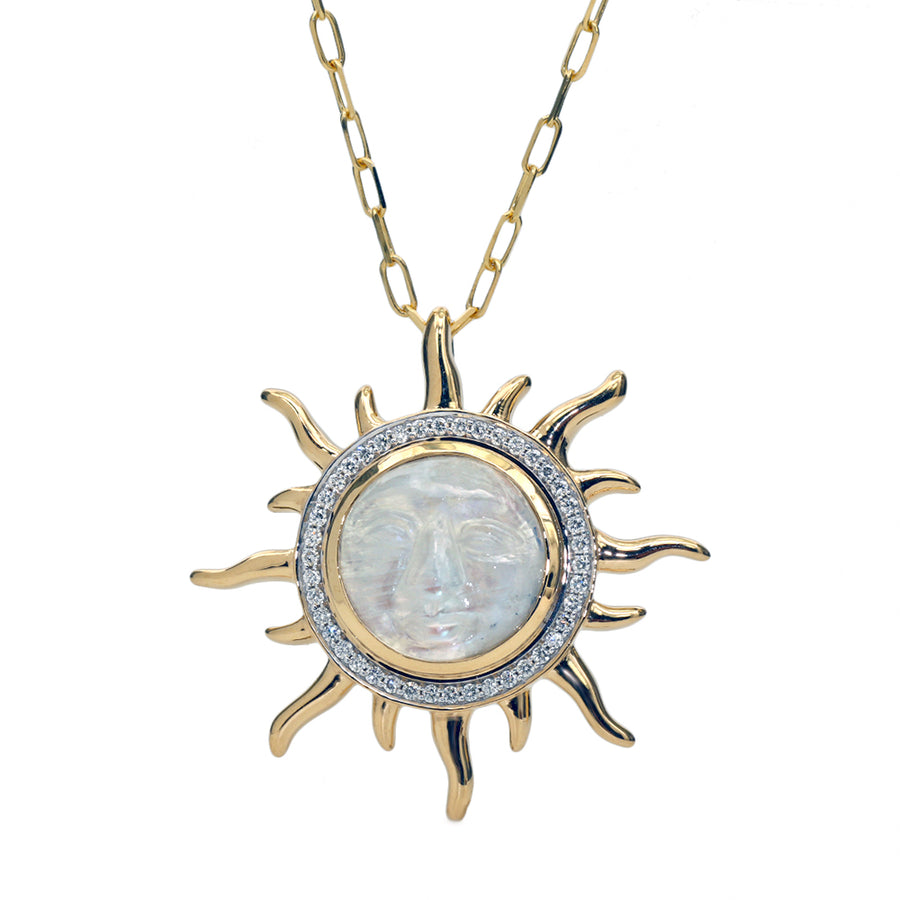 Smiling Sunshine Moonstone and Diamond Sun Pendant in 18K Yellow Gold, 18in