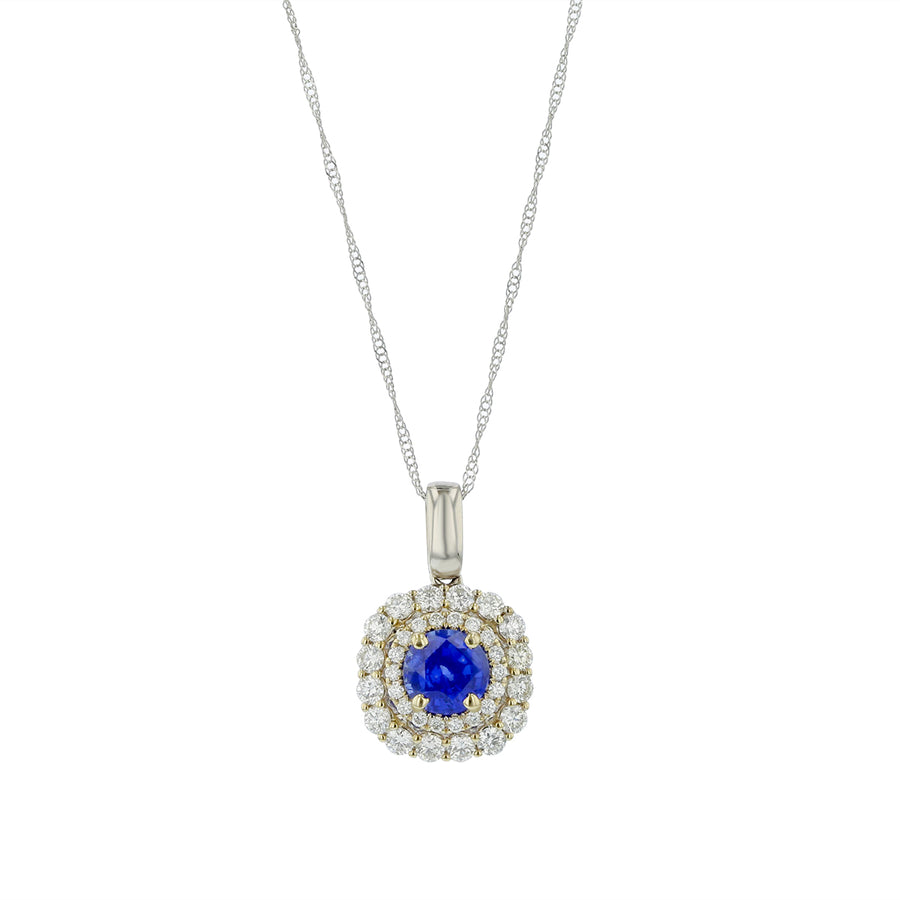 1.16ct Round Sapphire and 0.63ct Diamond Halo Pendant in 14K White Gold, without chain