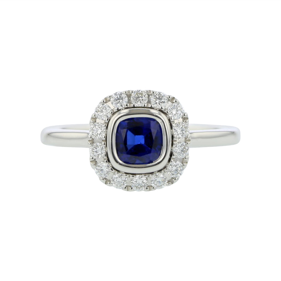 0.90ct Sapphire and 0.25ct Diamond Halo Ring in 14K White Gold