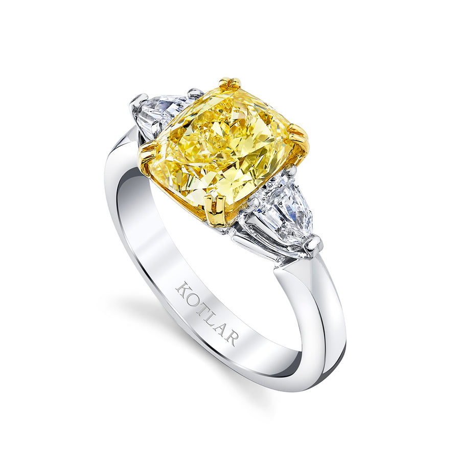 Classico 3.08ct Cushion Fancy Yellow Diamond and 0.53ct Bullet Diamond 3 Stone Ring in Platinum and 18K Yellow Gold, size 5.75