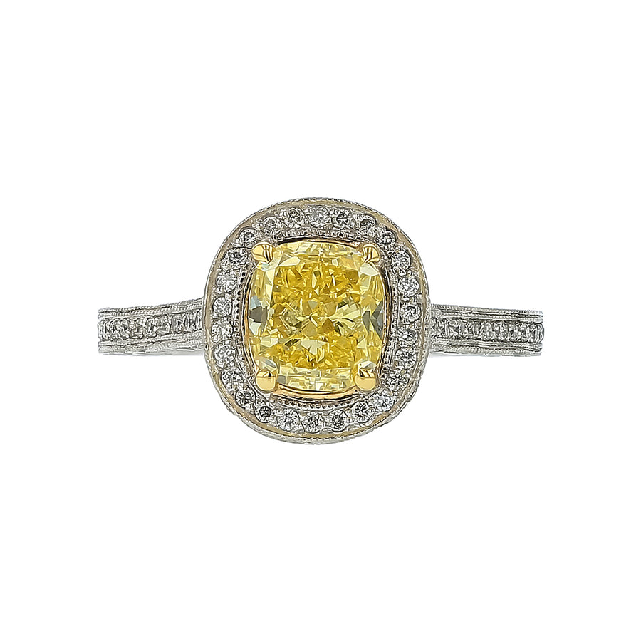 1.60ct Yellow Diamond and 0.66ct Diamond Halo Ring in Platinum and 18K Yellow Gold, size 6.5