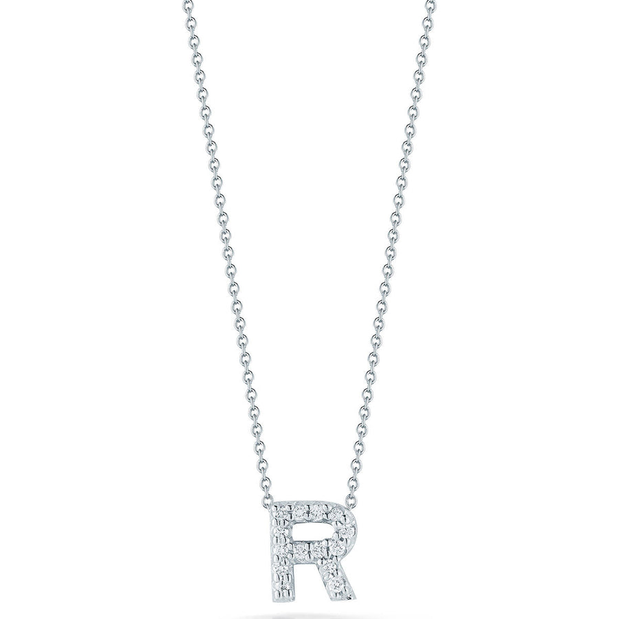 Tiny Treasures 0.06ct Diamond Love Letter "R" Pendant in 18K White Gold on 16-18in Chain