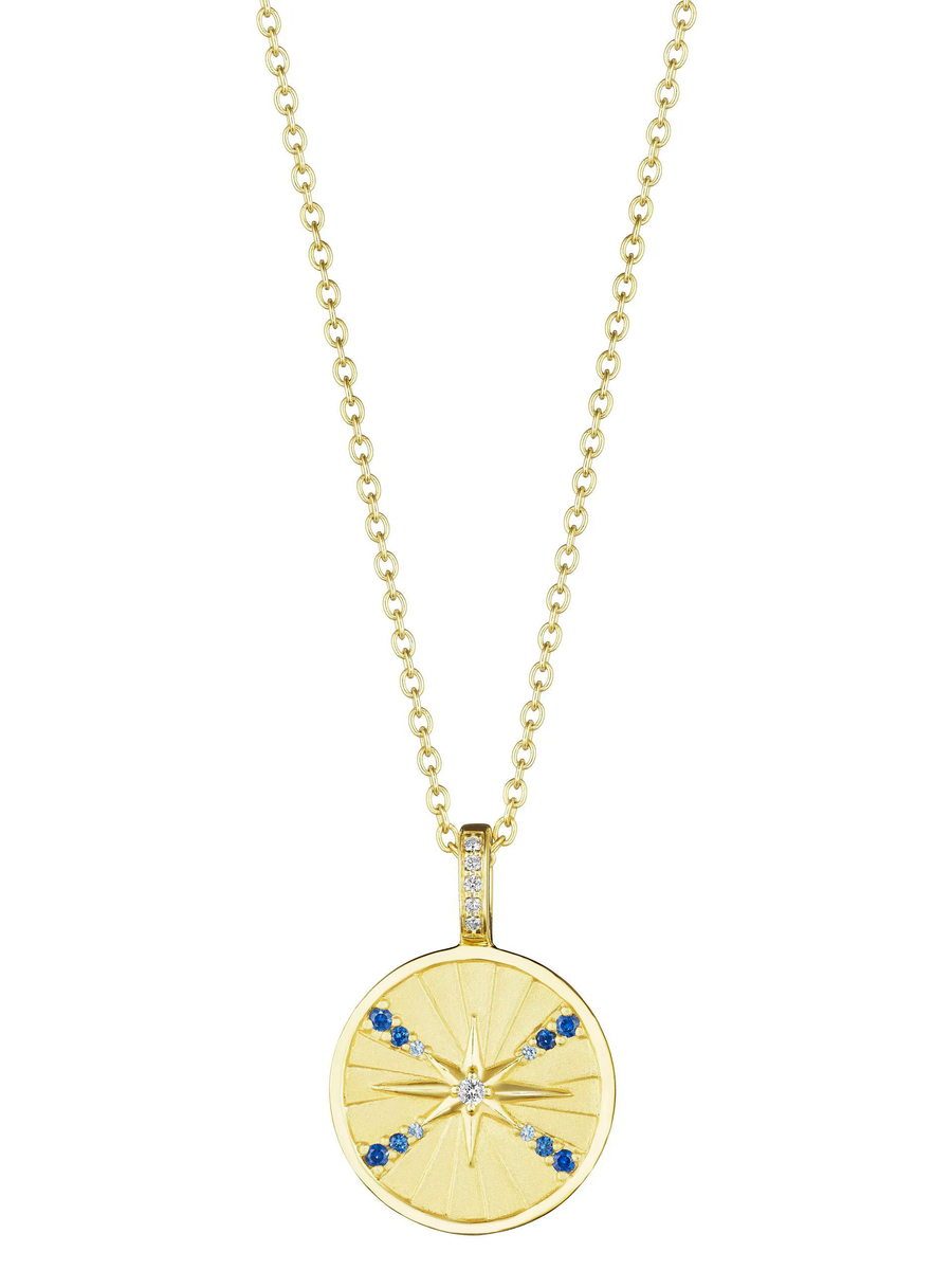 Ombre 0.45ct Diamond and 0.14ct Sapphire Compass Charm in 18K Yellow Gold, 18" chain