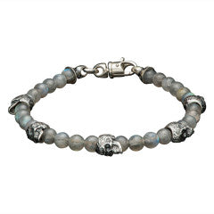 Crescent Labradorite and Skull Beaded Bracelet in Sterling Silver, Large