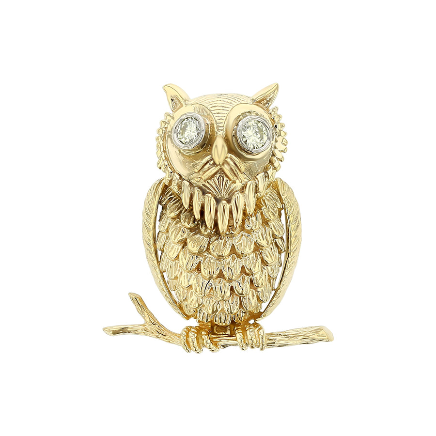 0.40ct Diamonds Owl Broach in 14k Yellow Gold