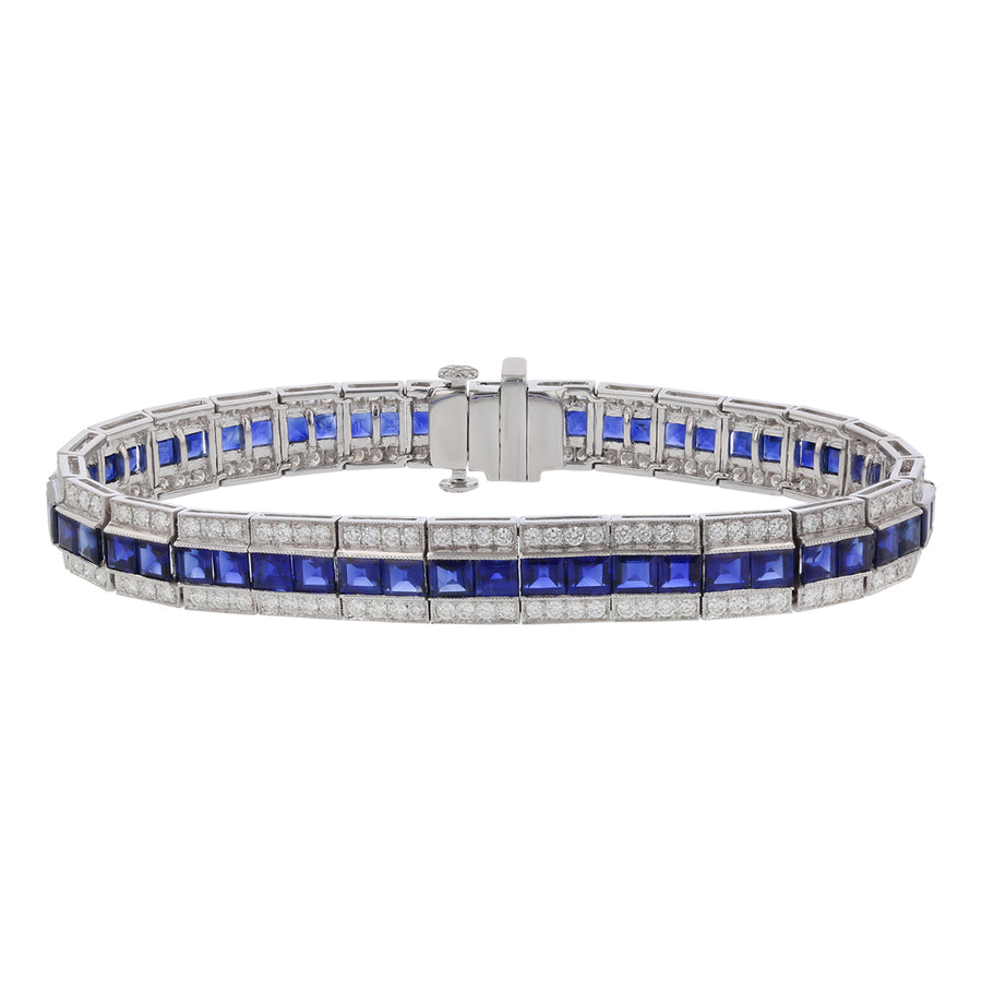 12.44ct Square Blue Sapphire and 2.52ct Full Cut Diamond 3 Row Box Bracelet in Platinum