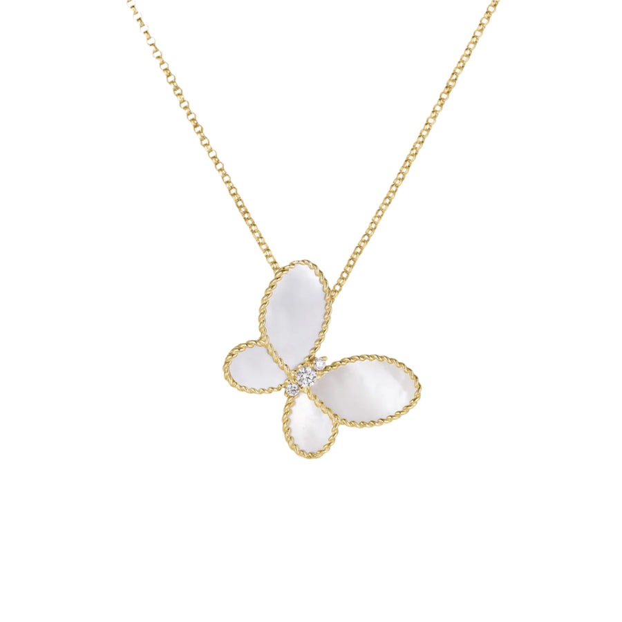 Jasmine 0.07ct Diamond and Mother of Pearl Butterfly Pendant in 18K Yellow Gold, 18" chain
