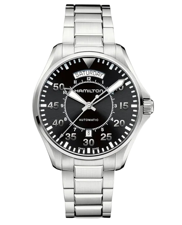 42mm Khaki Aviation Pilot Automatic Watch with Black Dial in Stainless Steel, Bracelet