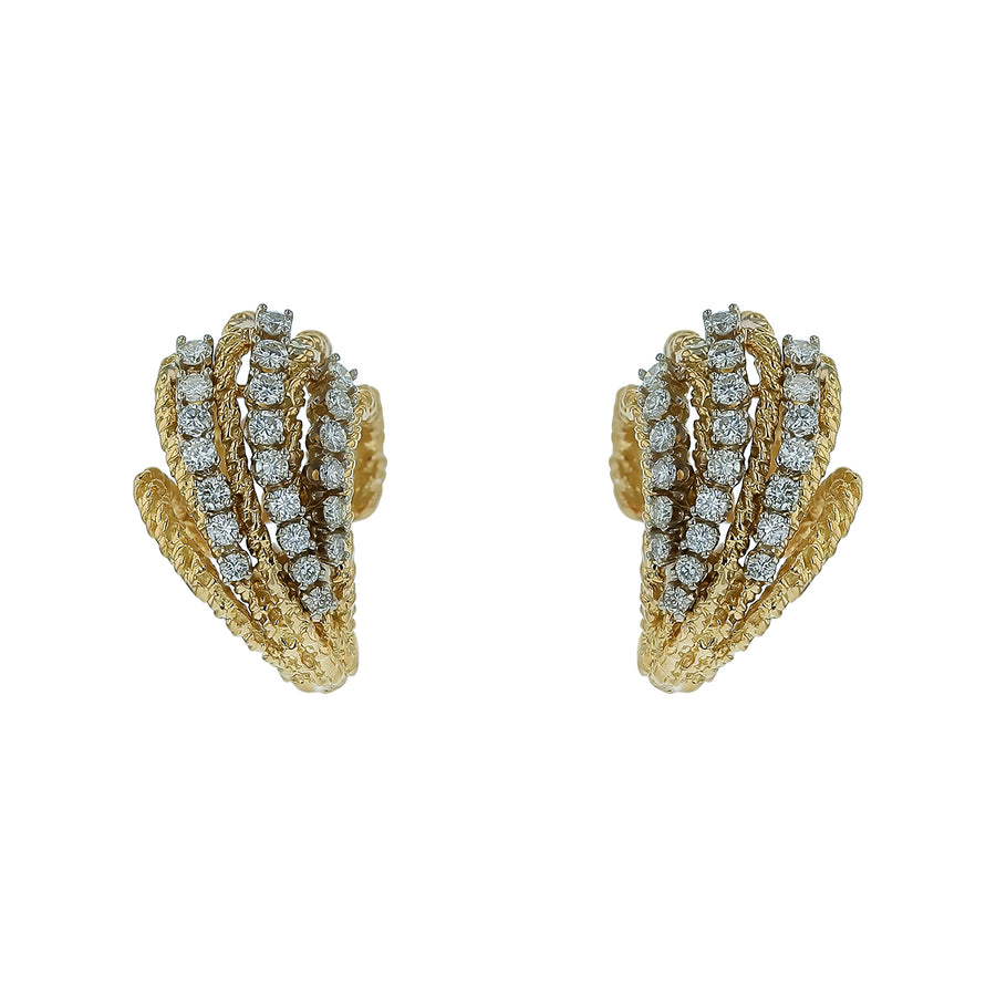 1.32ct Diamond 3 Row Twisted Wire Edge Sweepback Earrings in 18K Yellow Gold