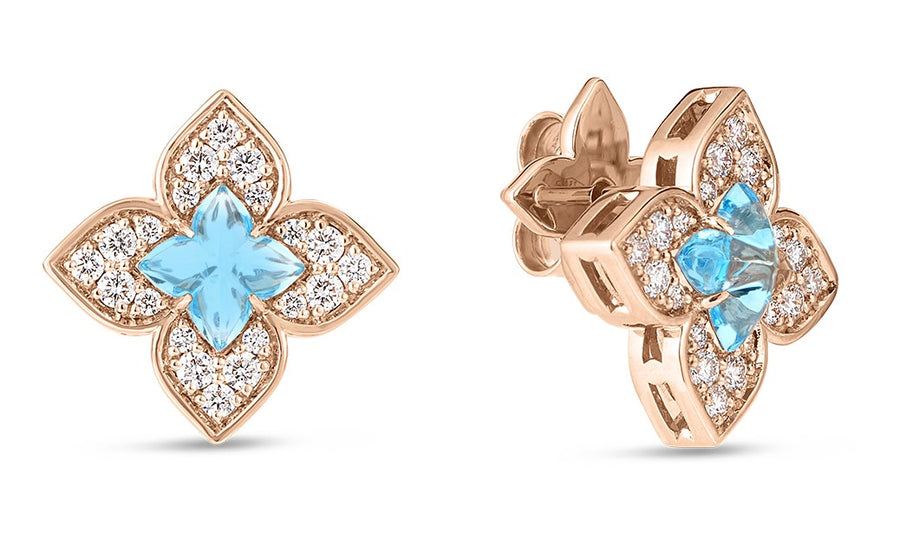 Venetian Princess Diamond and Blue Topaz Floral Stud Earrings in 18K Rose Gold