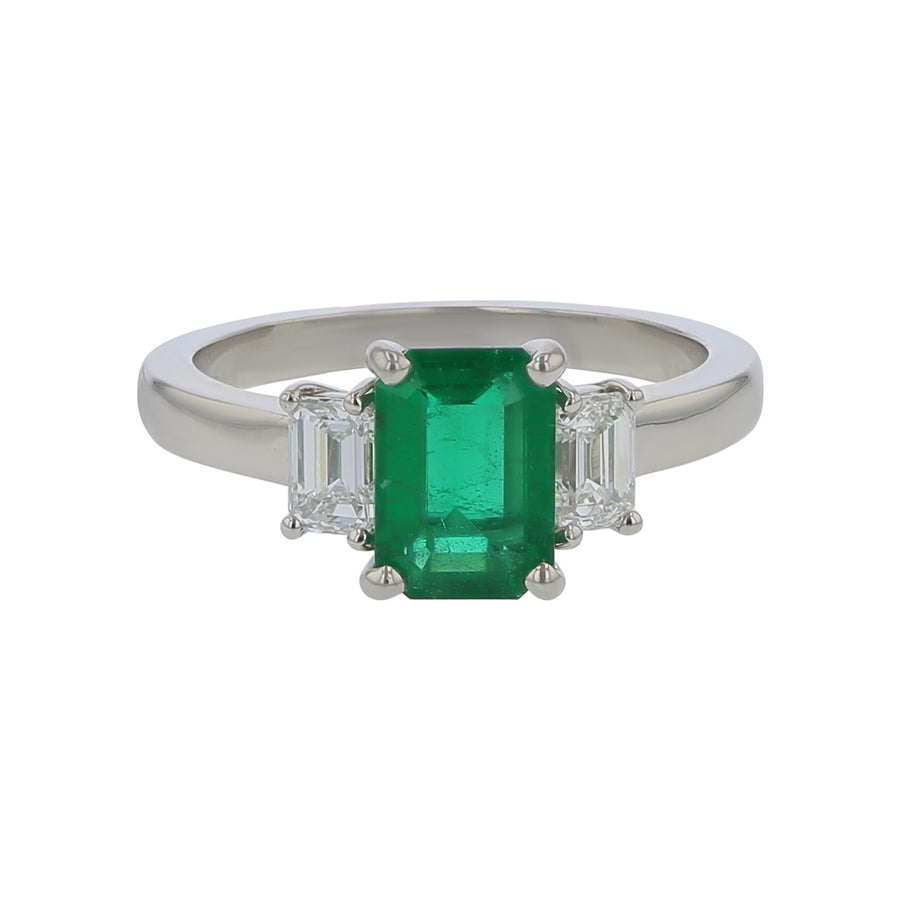 1.16Ct Emerald and 0.60Ct Diamond 3-Stone Ring in Platinum, Size 6.25