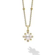 Luna Fleur 14mm Pearl and Diamond Pendant in 18K Yellow Gold, 16-18"