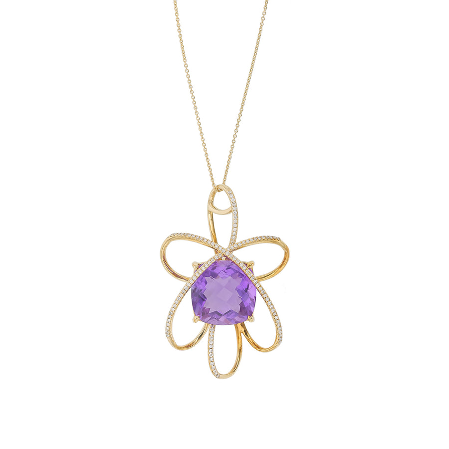 Checkerboard Cushion Amethyst and Diamond Flower Pendant in 14K Yellow Gold, 18" cable chain