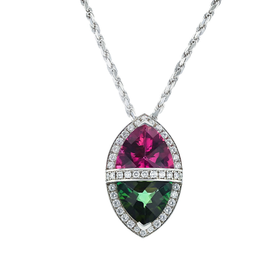Pink and Green Trillion Tourmaline and Diamond Pendant in 18K White Gold and Platinum