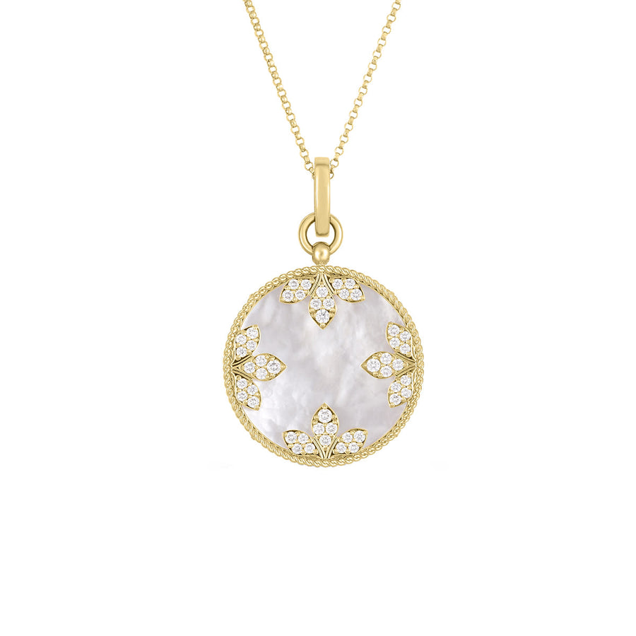Colored Medallion 0.52ct Diamond and 12.43ct Mother Of Pearl Medallion Pendant in 18K Yellow Gold on 18in Chain