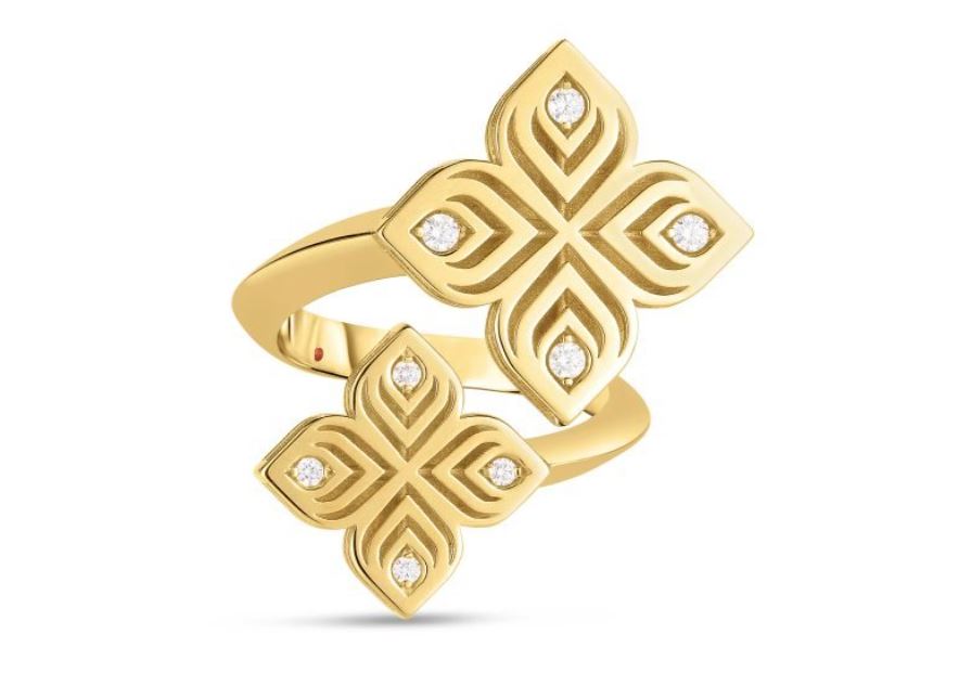 Arabesque Diamond Bypass Double Flower Ring 18K Yellow Gold, Size 6.5