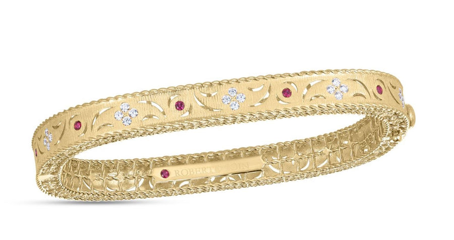 Princess Diamond & Ruby Bangle in 18K Yellow Gold, 46x56mm