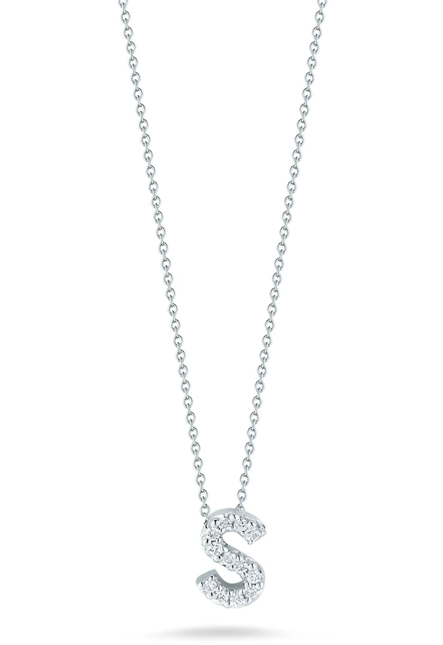 Tiny Treasures Diamond Love Letter "S" Pendant in 18K White Gold, Adjustable Chain