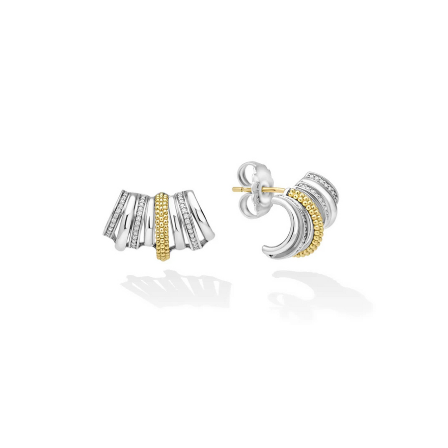 Caviar Lux Diamond Huggie Hoop Earrings in Sterling Silver and 18K Yellow Gold