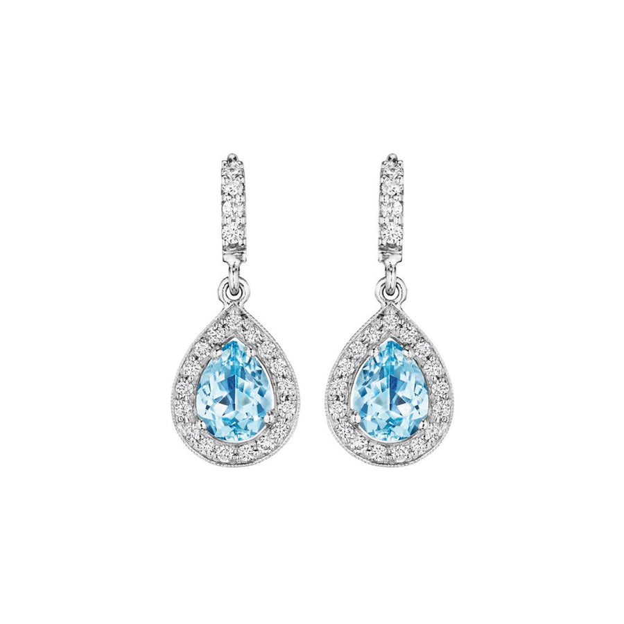 Diamond and Aquamarine Halo Drop Earrings in 18K White Gold