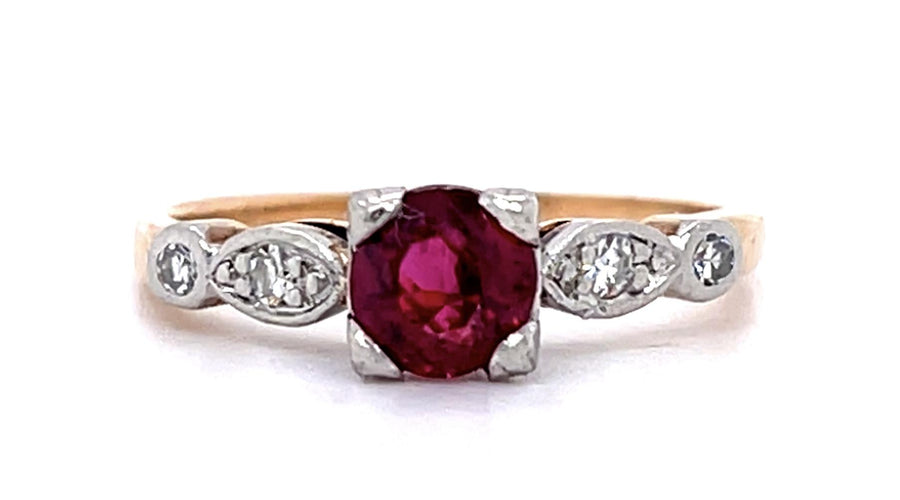 Edwardian 0.80ct Ruby and 0.08ct Diamond Ring in Platinum and 14K Yellow Gold, size 5.5, circa 1900s