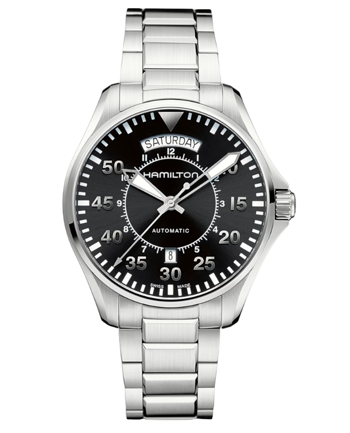 42mm Khaki Aviation Pilot Automatic Watch with Black Dial in Stainless Steel, Bracelet
